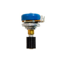 A Mojotone 125KL wah guitar potentiometer stood upright with a blue dust cap on the bottom of the potentiometer.