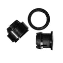 An overhead view of a black mounting clip designed for 5MM LEDs, the clip and ring are shown separately, but they do fasten together.