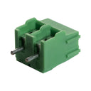 A green 2-way lock together PC mount terminal block with 5mm spacing shown on its side.