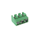 A green Mojotone 3-way lock together PC mount terminal block with 5mm spacing and the screw-in side facing the viewer.
