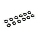 A set of 12 black oxide large decorative washers intended for guitar amplifier cabinets.