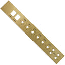 A gold British 50 watt 1987 reproduction amplifier faceplate with designated hole cut-outs for a Power & Standby switch, Presence, Bass, Middle, Treble, Volume I & Volume II potentiometers and knobs as well as cut-outs for input jacks.