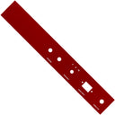 A red NC3015 amplifier backplate with designated hole cut-outs for speaker inputs, Impedance selector switch, Mains Input switch, and Mains fuse.