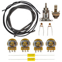 All of the components included in the unassembled '72 Telecaster  deluxe/custom straight switch wiring kit. This includes parts such as 500K audio solid shaft 7% tolerance potentiometers, a Switchcraft short straight toggle switch, a Switchcraft mono input jack, two Mojotone dijon .022uF capacitors, two feet of pre-tinned cloth covered wire in black, two feet of shielded 4-conductor wire, and two volume mod capacitors & resistors.