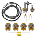 All of the components included in the unassembled '72 Telecaster deluxe/custom wiring kit (L-switch) This includes parts such as CTS 500K audio solid shaft 7% tolerance potentiometers, a Switchcraft L-type toggle switch, a Switchcraft mono input jack, a Mojotone dijon .022uF capacitor, one foot of pre-tinned cloth covered wire in black, two feet of shielded four-conductor wire, and two volume mod capacitors & resistors.