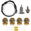 All of the components included in the unassembled Les Paul short shaft wiring kit. This includes parts such as CTS 500K vintage taper short shaft 7% tolerance potentiometers, a Switchcraft mono input jack, Mojotone dijon .022uF capacitors, two feet of shielded four-conductor wire, and one foot of bus wire.