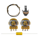 All of the components included in the unassembled precision bass wiring kit. This includes parts such as CTS 250K audio solid shaft 7% tolerance potentiometers, a Switchcraft mono input jack, a Mojotone dijon .022uF capacitor, and one foot of pre-tinned cloth covered wire in black and white.
