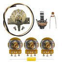 All of the components included in the unassembled Stratocaster blender 5-way wiring kit. This includes parts such as CTS 250K vintage taper audio split shaft 7% tolerance potentiometers, a CTS blender 250K audio split shaft potentiometer, a CRL 5-way switch, a Switchcraft mono input jack, a Mojotone dijon .047uF capacitor, two feet of pre-tinned cloth covered wire in black and white, and a volume mod capacitor & resistor.