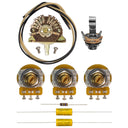 All of the components included in the unassembled Stratocaster HSS 5-way wiring kit. This includes parts such as CTS 500K vintage taper audio split shaft 7% tolerance potentiometers, an Oak Grigsby 5-way 4 pole super switch, a Switchcraft mono input jack, Mojotone dijon .022uF capacitors, two feet of pre-tinned cloth covered wire in black and white, and a 470K carbon comp resistor.