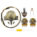 All of the components included in the unassembled Telecaster standard 3-way wiring kit. This includes parts such as CTS 250K vintage taper audio solid shaft 7% tolerance potentiometers, an Oak Grigsby style 3-way switch, a Switchcraft mono input jack, a Mojotone dijon .047uF capacitor, one foot of pre-tinned cloth covered wire in black and white, and a volume mod capacitor & resistor.