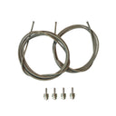 Two coiled metal cables with three small metal connectors on a white background