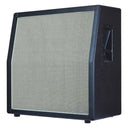 Black guitar amplifier cabinet with a mesh door on a white background