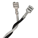 A close up shot of a Mojotone wiring harness designed for 1x12 or 2x12 cabinets with a mono flat right angle 1/4" plug.