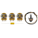 All of the components included in the unassembled jazz bass wiring kit. This includes parts such as CTS 250K vintage taper audio solid shaft 7% tolerance potentiometers, a Switchcraft mono input jack, a Mojotone dijon .022uF capacitor, and one foot of pre-tinned cloth covered wire in black and white.