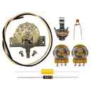 All of the components included in the unassembled Telecaster custom 3-way wiring kit. This includes parts such as CTS 500K audio solid shaft 7% tolerance potentiometers, a CRL 3-way switch, a Switchcraft mono input jack, a Mojotone dijon .047uF capacitor, one foot of pre-tinned cloth covered wire in black and white, one volume mod capacitor & resistor, and one 470K carbon comp resistor.
