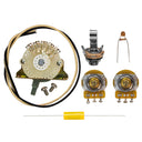 All of the components included in the unassembled Telecaster mod 4-way wiring kit. This includes parts such as 250K vintage taper audio solid shaft 7% tolerance potentiometers, a Switchcraft mono input jack, a Mojotone dijon .047uF capacitor, one foot of pre-tinned cloth covered wire in white and black, an Oak Grigsby 4-way switch, and a volume mod cap & resistor.
